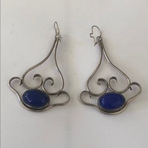 Silver Tone Dangle Earrings Blue Stone